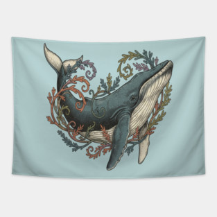 Humpback Whale Surrounded by Sea Botanicals Tapestry