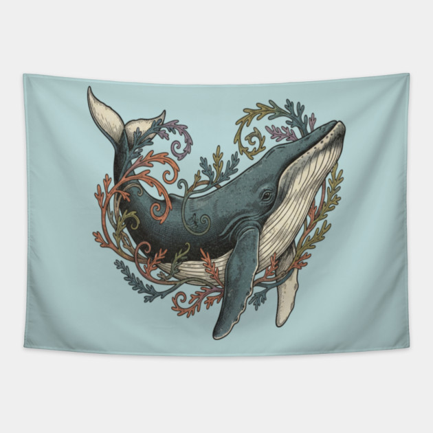 Humpback Whale Surrounded by Sea Botanicals Tapestry by BirdsnStuff