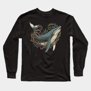 Humpback Whale Surrounded by Sea Botanicals Long Sleeve T-Shirt
