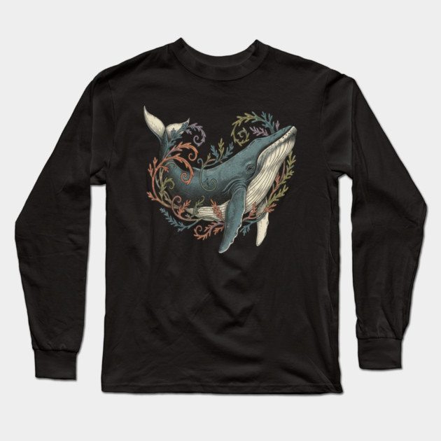 Humpback Whale Surrounded by Sea Botanicals Long Sleeve T-Shirt by BirdsnStuff