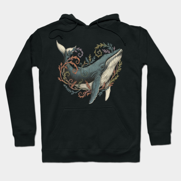 Humpback Whale Surrounded by Sea Botanicals Hoodie by BirdsnStuff