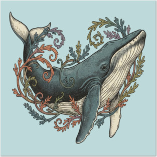 Humpback Whale Surrounded by Sea Botanicals Posters and Art