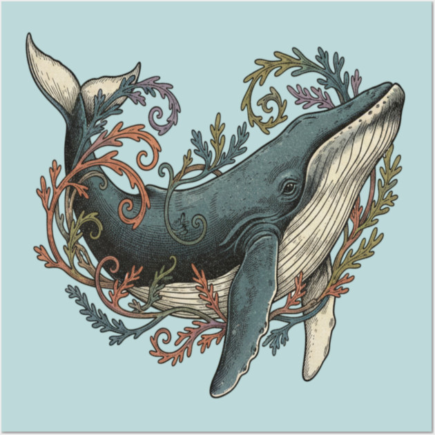 Humpback Whale Surrounded by Sea Botanicals Wall Art by BirdsnStuff