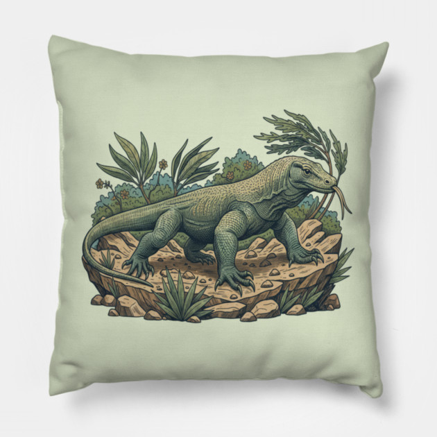 Komodo Dragon Among Island Foliage Pillow by BirdsnStuff