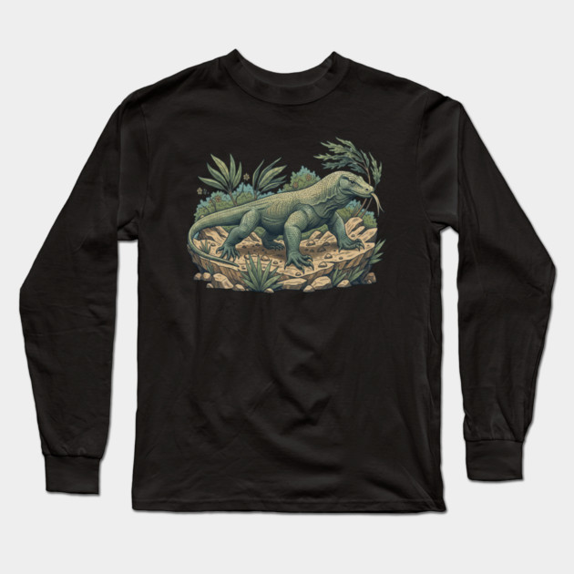 Komodo Dragon Among Island Foliage Long Sleeve T-Shirt by BirdsnStuff