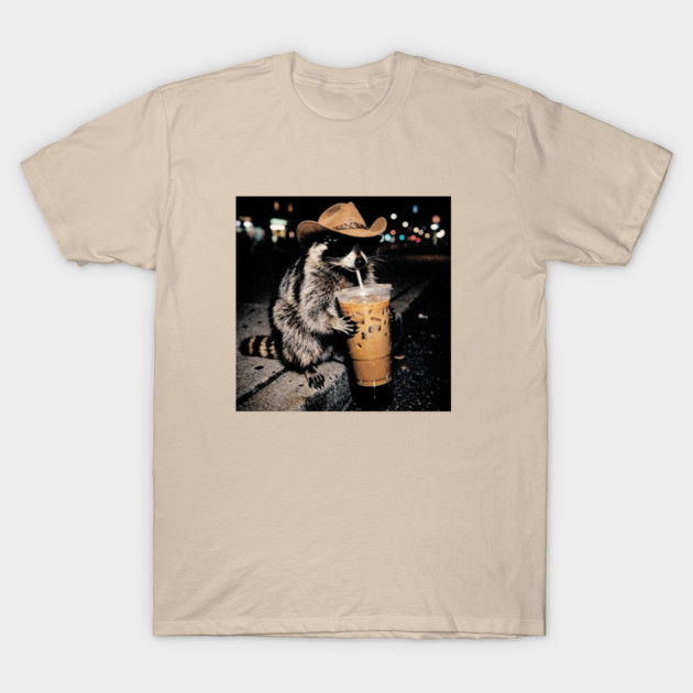 Cowboy Raccoon Drinking Iced Coffee, Funny Animal Meme Vintage Aesthetic T-Shirt
