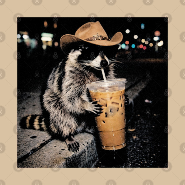 Cowboy Raccoon Drinking Iced Coffee, Funny Animal Meme Vintage Aesthetic T-Shirt