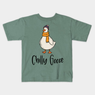 Chilly Goose dressed in beanie knit hat and scarf Kids T-Shirt