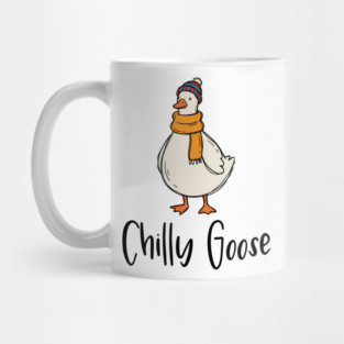 Chilly Goose dressed in beanie knit hat and scarf Mug