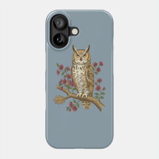 Great Horned Owl Rose Botanical Art Phone Case