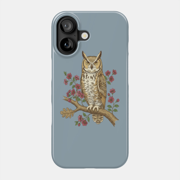 Great Horned Owl Rose Botanical Art Phone Case by BirdsnStuff