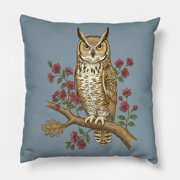 Great Horned Owl Rose Botanical Art Pillow by BirdsnStuff