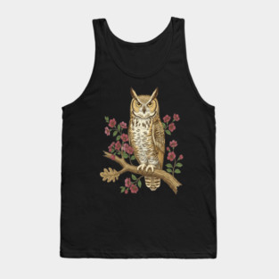 Great Horned Owl Rose Botanical Art Tank Top