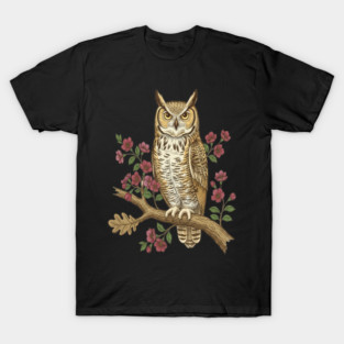 Great Horned Owl Rose Botanical Art T-Shirt