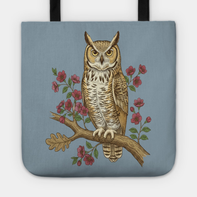 Great Horned Owl Rose Botanical Art Tote by BirdsnStuff