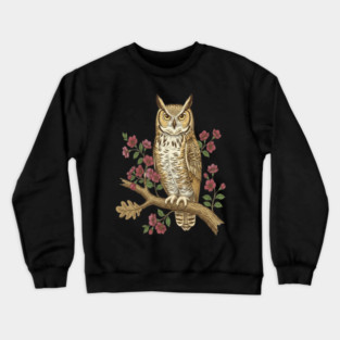 Great Horned Owl Rose Botanical Art Crewneck Sweatshirt