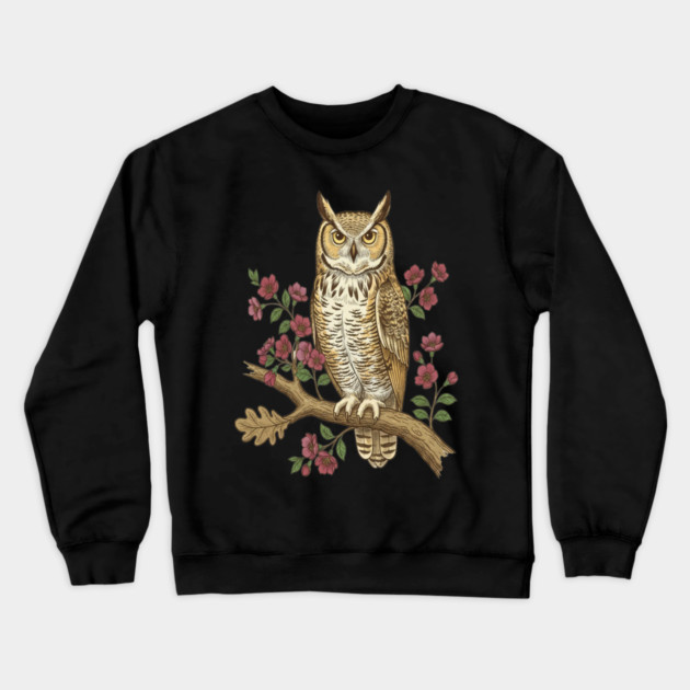 Great Horned Owl Rose Botanical Art Crewneck Sweatshirt by BirdsnStuff