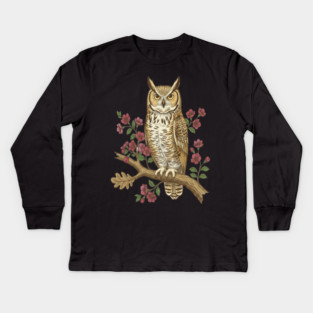 Great Horned Owl Rose Botanical Art Kids Long Sleeve T-Shirt