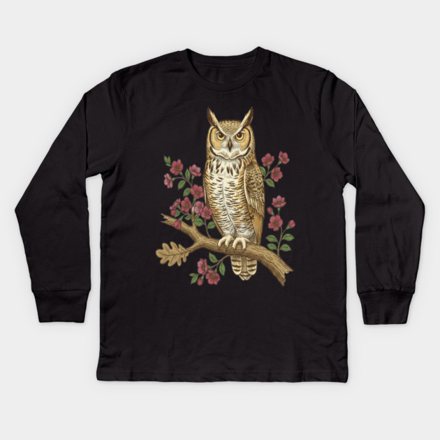 Great Horned Owl Rose Botanical Art Kids Long Sleeve T-Shirt by BirdsnStuff