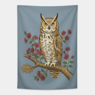 Great Horned Owl Rose Botanical Art Tapestry
