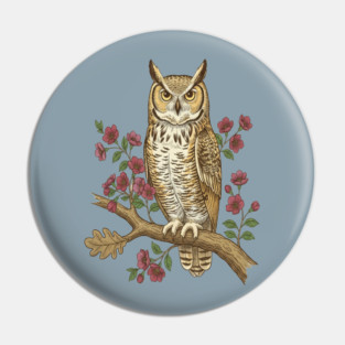Great Horned Owl Rose Botanical Art Pin