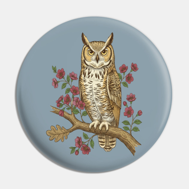 Great Horned Owl Rose Botanical Art Pin by BirdsnStuff