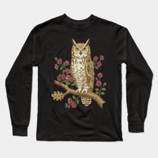 Great Horned Owl Rose Botanical Art Long Sleeve T-Shirt