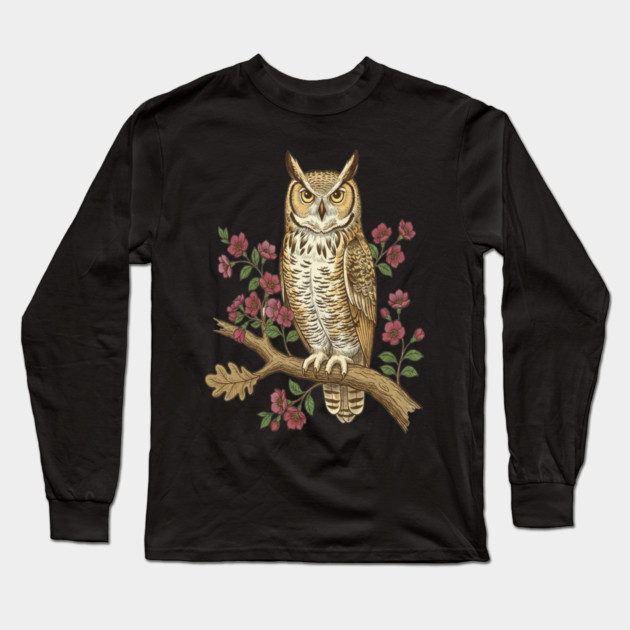 Great Horned Owl Rose Botanical Art Long Sleeve T-Shirt by BirdsnStuff