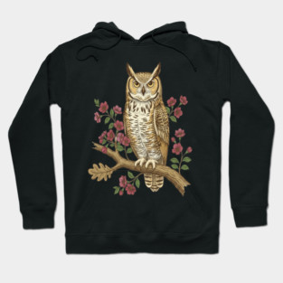 Great Horned Owl Rose Botanical Art Hoodie