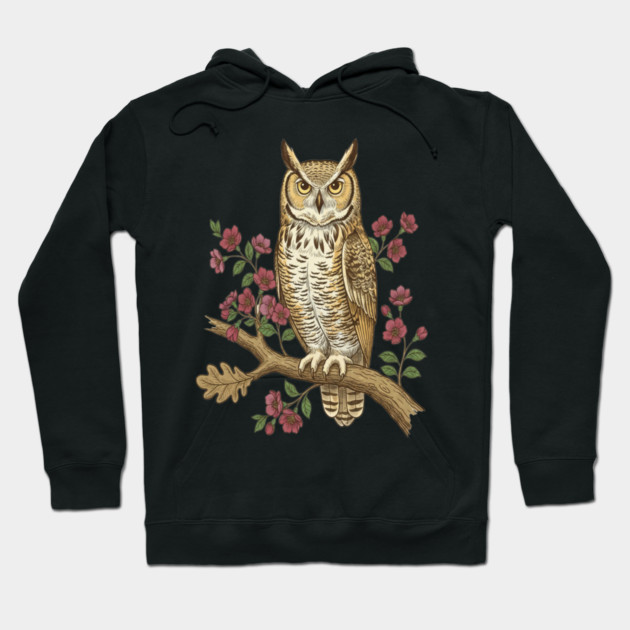 Great Horned Owl Rose Botanical Art Hoodie by BirdsnStuff