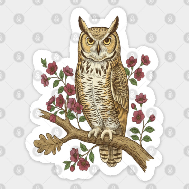 Great Horned Owl Rose Botanical Art Sticker by BirdsnStuff