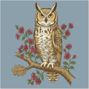 Great Horned Owl Rose Botanical Art Posters and Art