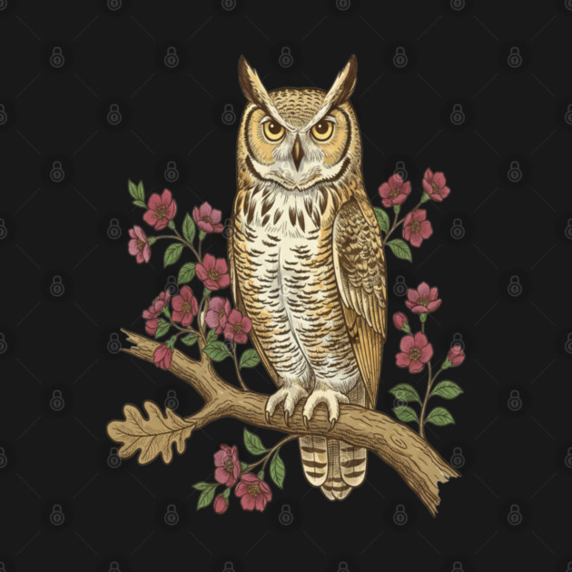 Great Horned Owl Rose Botanical Art by BirdsnStuff
