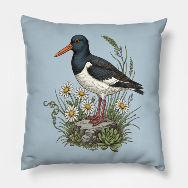 Coastal Oystercatcher Daisy Wildlife Art Pillow by BirdsnStuff