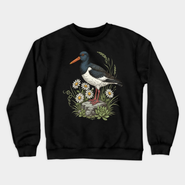 Coastal Oystercatcher Daisy Wildlife Art Crewneck Sweatshirt by BirdsnStuff