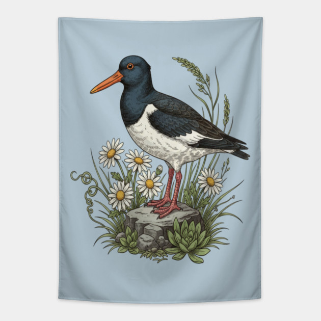 Coastal Oystercatcher Daisy Wildlife Art Tapestry by BirdsnStuff