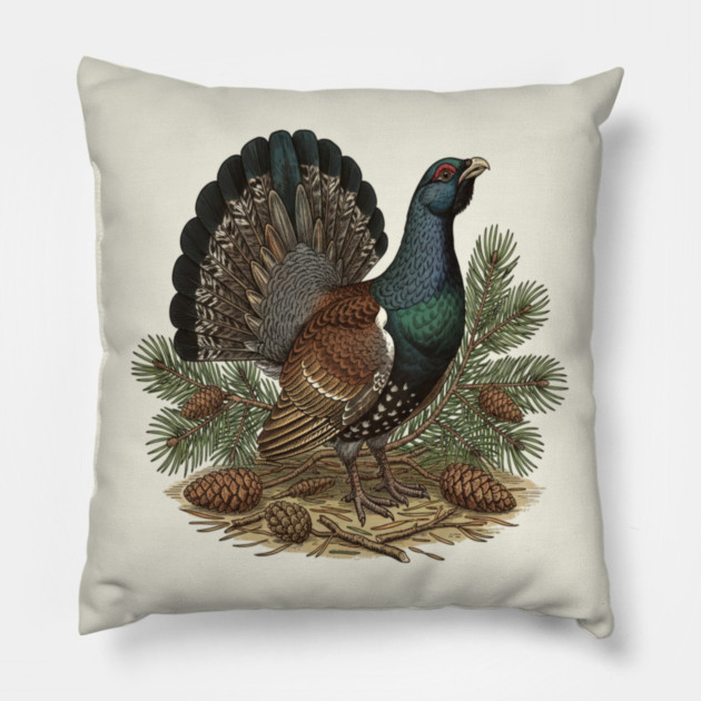 Capercaillie Pine Forest Wildlife Art Pillow by BirdsnStuff