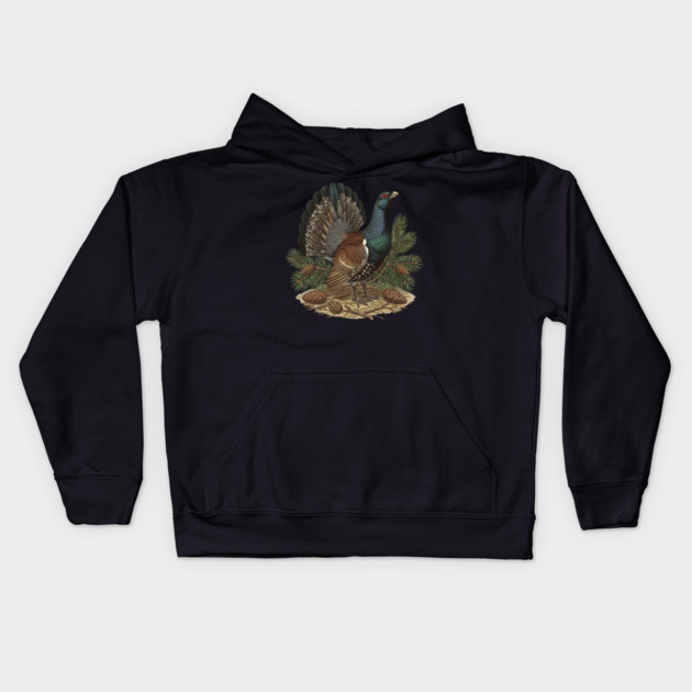 Capercaillie Pine Forest Wildlife Art Kids Hoodie by BirdsnStuff