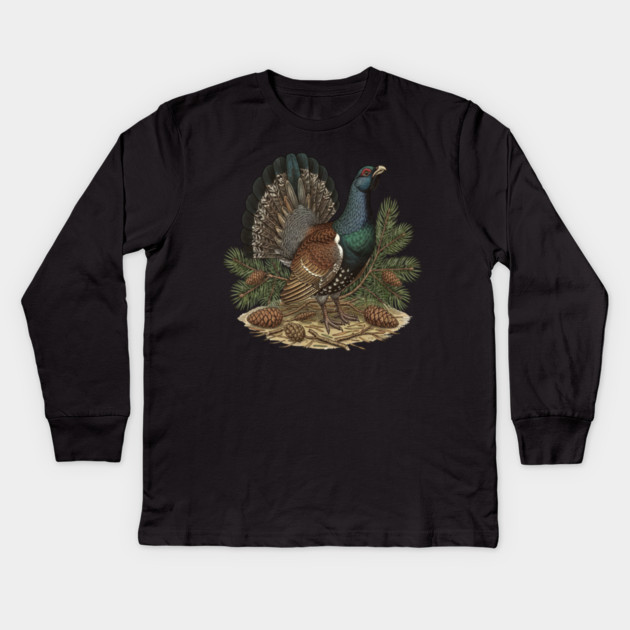Capercaillie Pine Forest Wildlife Art Kids Long Sleeve T-Shirt by BirdsnStuff