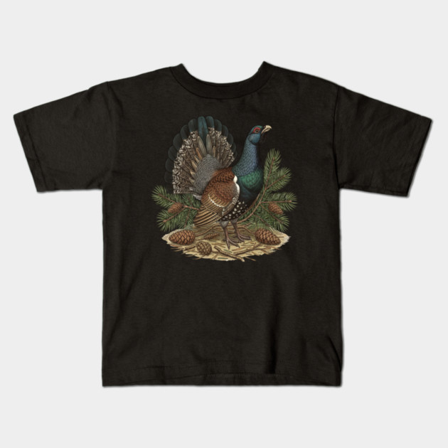 Capercaillie Pine Forest Wildlife Art Kids T-Shirt by BirdsnStuff