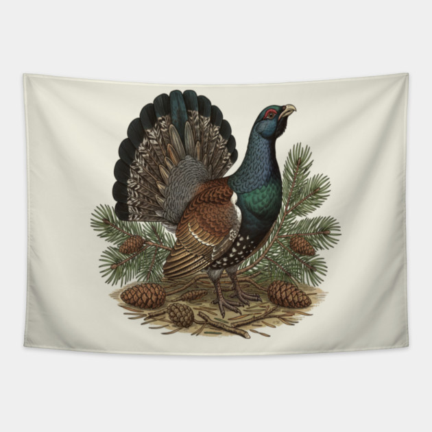 Capercaillie Pine Forest Wildlife Art Tapestry by BirdsnStuff