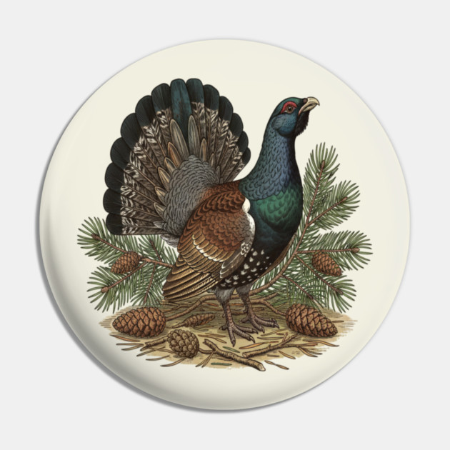 Capercaillie Pine Forest Wildlife Art Pin by BirdsnStuff