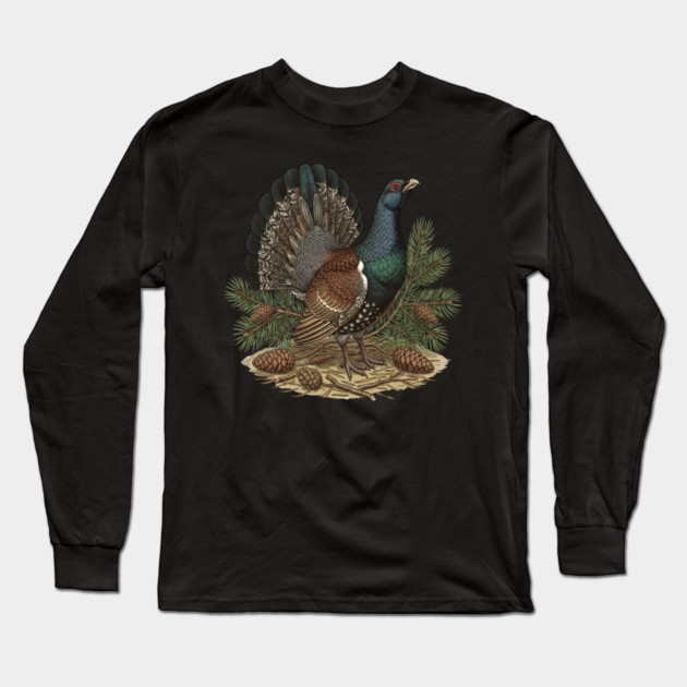 Capercaillie Pine Forest Wildlife Art Long Sleeve T-Shirt by BirdsnStuff