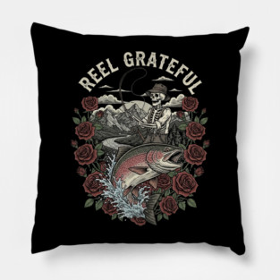 Reel Grateful Skeleton Fishing Rainbow Trout Roses Pillow