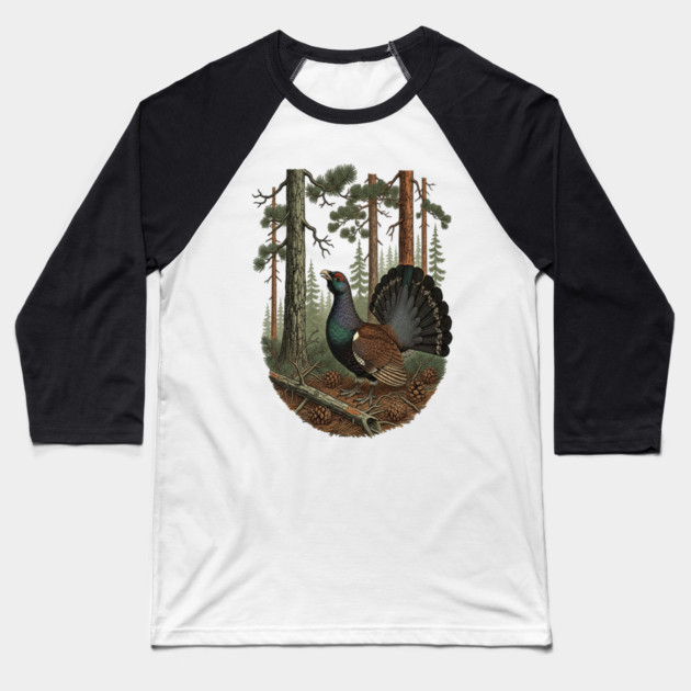 Evergreen Capercaillie Forest Art Baseball T-Shirt by BirdsnStuff