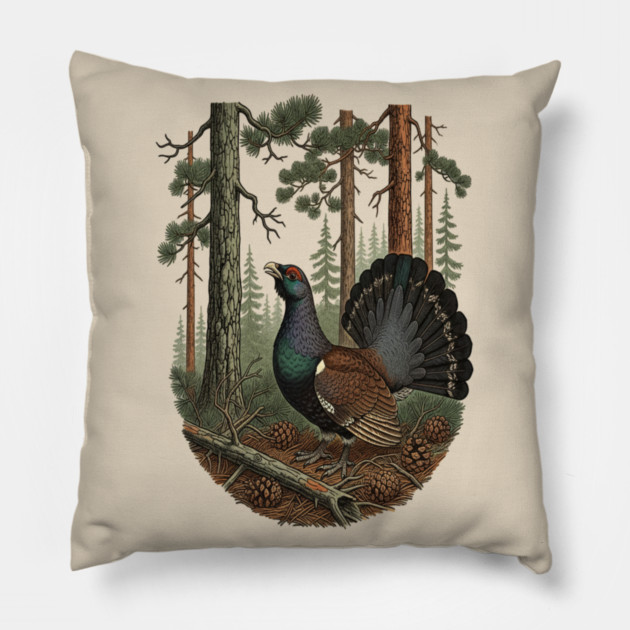 Evergreen Capercaillie Forest Art Pillow by BirdsnStuff