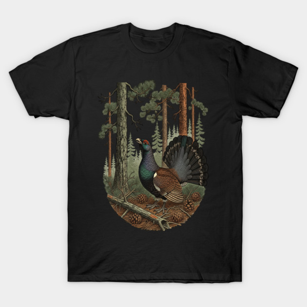 Evergreen Capercaillie Forest Art T-Shirt by BirdsnStuff
