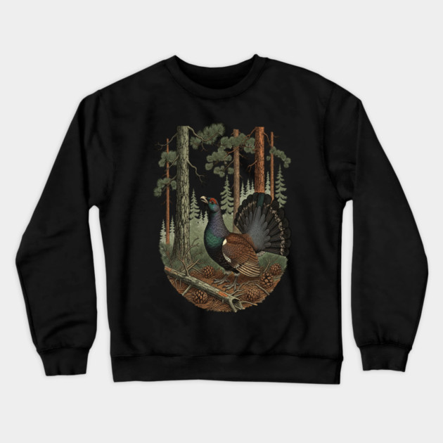 Evergreen Capercaillie Forest Art Crewneck Sweatshirt by BirdsnStuff