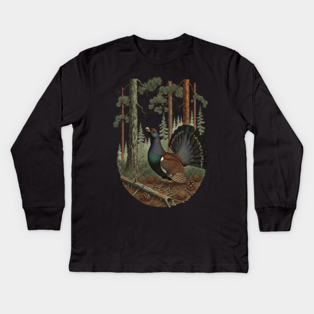 Evergreen Capercaillie Forest Art Kids Long Sleeve T-Shirt by BirdsnStuff