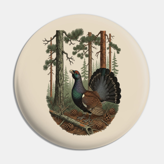 Evergreen Capercaillie Forest Art Pin by BirdsnStuff